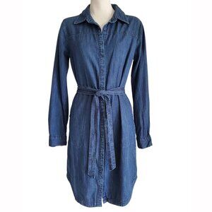 A New Day 100% Cotton Chambray Denim Shirtdress Deep Blue Cowgirl Tie Belt S